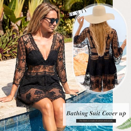 Cuffbow Black Boho Lace Cover Up for Women - V-Neck Beach Dress Vacation Swimwear