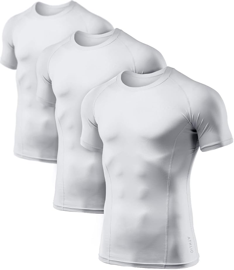 Athlio 3-Pack Men’s Cool Dry Short Sleeve Compression Shirts - Baselayer Athletic Tops, White, Medium