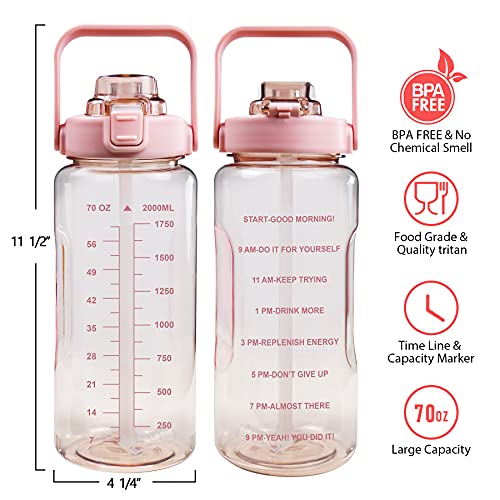 Pink Half Gallon Water Bottle with Sleeve, Motivational 70oz Leakproof Drink