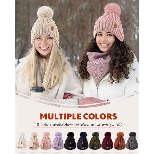 MSDC Satin Lined Beanie for Women with Pom Pom, Warm Womens Winter Hats with Silk Lined, Fashionable Knit Beanie Skull Cap