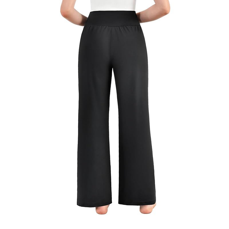 SINOPHANT Black Wide Leg Yoga Pants with Pockets - High Waist Lounge/Palazzo Pants, 30" Inseam, Medium