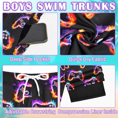 Boys Swim Trunks Bathing Suit with Compression Liner - Game Console / 10-12 Years