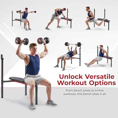 Sunny Health & Fitness Compact Premium Incline Bench Press Bar Rack Set & Optional Leg Extension Developer, Preacher Curl for Solid Strength Training Home Gym