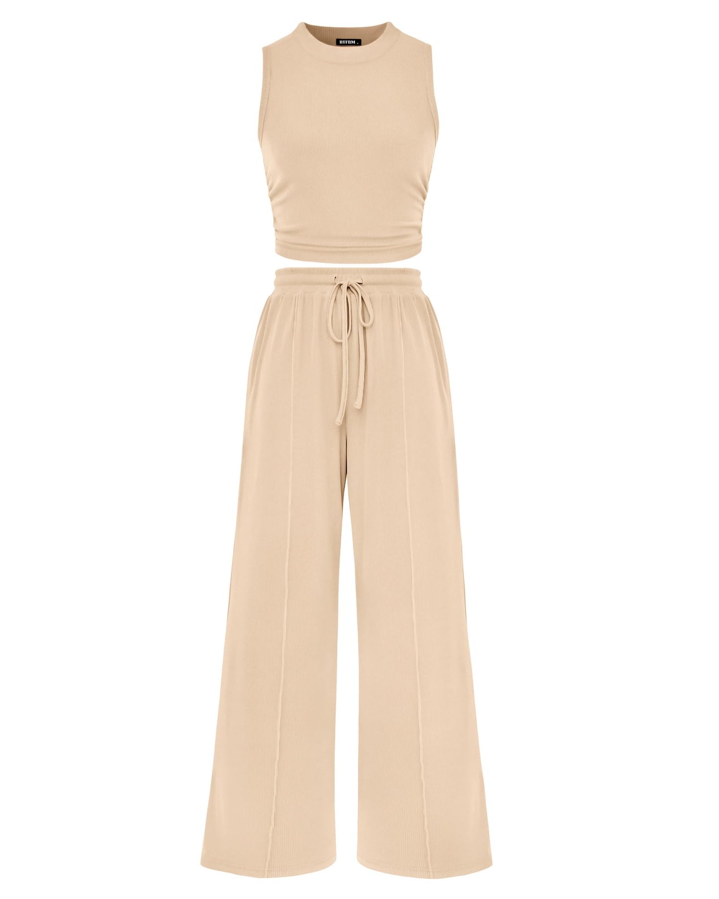 BTFBM Summer Outfits For Women 2026 Ribbed Sleeveless Tank Tops Wide Leg Pants 2 Piece Sets Lounge Set Clothing(Apricot, Medium)