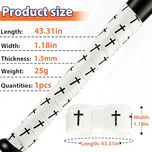 Religious Baseball Bat Grip Tape with Cross Design - White, 1.5mm Precut & Adhesive