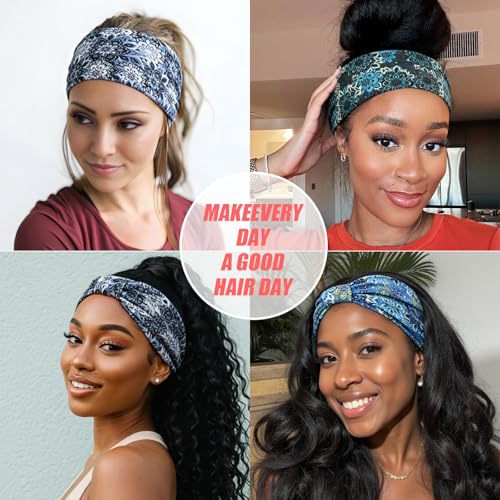 Wide Headbands for Women Non Slip Boho Elastic Yoga Workout Sweat Bands - Pack of 6 No17