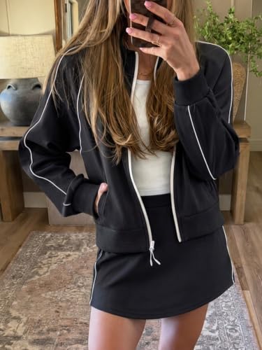 Women's 2-Piece Skirt Set with Zip-Up Cropped Jacket - Medium Black