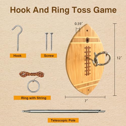 Indoor & Outdoor Hook Ring Toss Game Set with Wooden Rings, Hooks & Adjustable Paracord