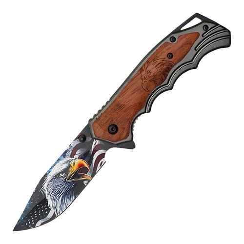 Eagle Wood Pocket Knife - Tactical Folding Knife with 3.5" Steel Blade featuring Eagle Print - Overall Length 8.25" - 440 Stainless Steel - Ideal EDC Gear