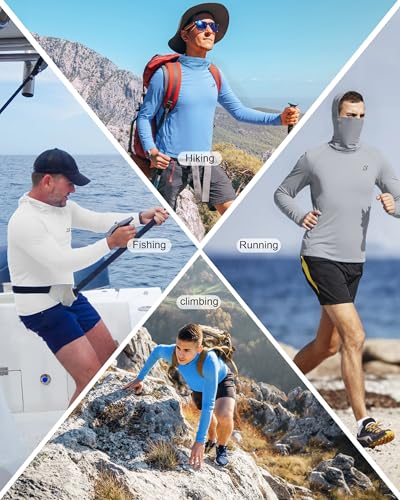 Men's UPF 50+ Sun Hoodie with Face Mask - Large Gray Outdoor Sun Protection Shirt