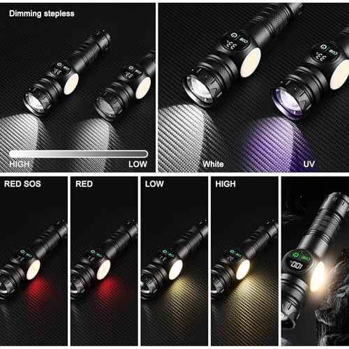 4 in 1 Rechargeable 6500K / 395nm UV Flashlight Dimming Stepless True 5000 Lumens IP45 Zoomable Beam UV Light, 5000mAh Halloween LED Flash Light with Magnet Power Failure