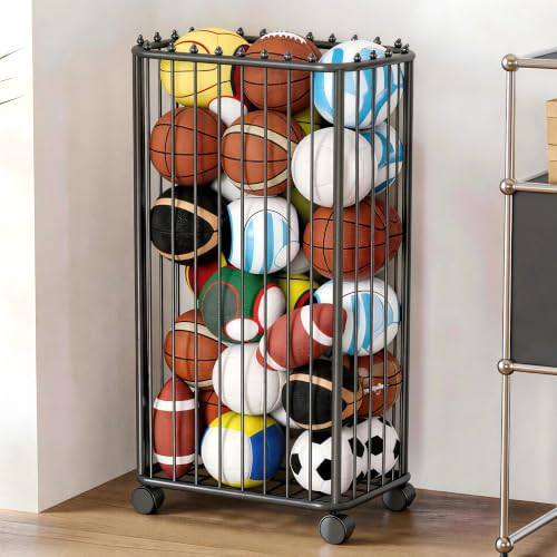 Black Garage Ball Storage Rack - Holds 20-25 Sports Balls, 22"L x 13.3"W x 45.6"H, Heavy Duty Metal Organizer