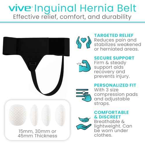 Vive Inguinal Hernia Belt for Men & Women - Left or Right Groin Support Truss for Targeted Compression, Pain Relief, Comfort, Pre & Post Surgery, Injury Recovery - 3 Removable Pressure Pads and Splint (Black)