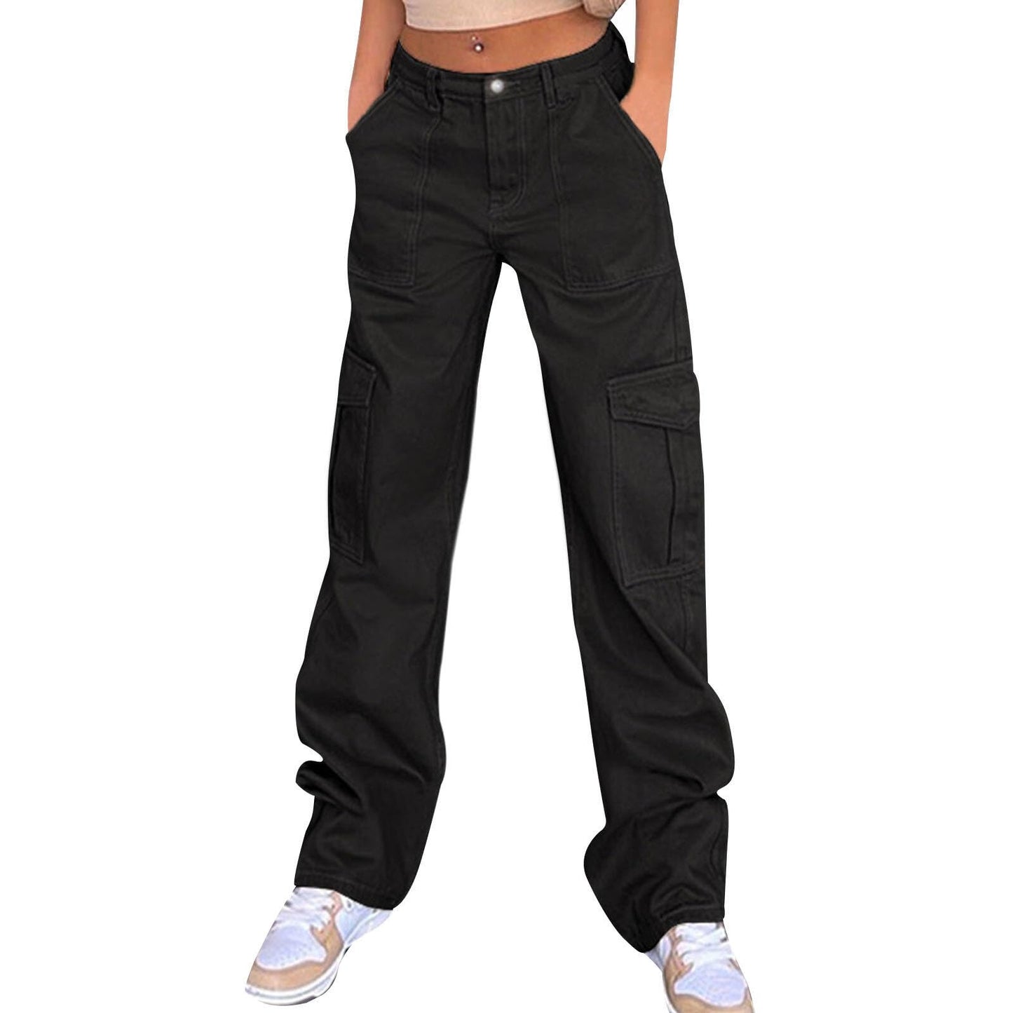 Zhyaj Women's Baggy Zipper Lounge Pants Ladies Relaxed Fit High Waisted Basic Solid Wide Leg Cargo Pant Summer Oversized Casual Lightweight Hiking Trousers with Multi Pocket,Black, XL