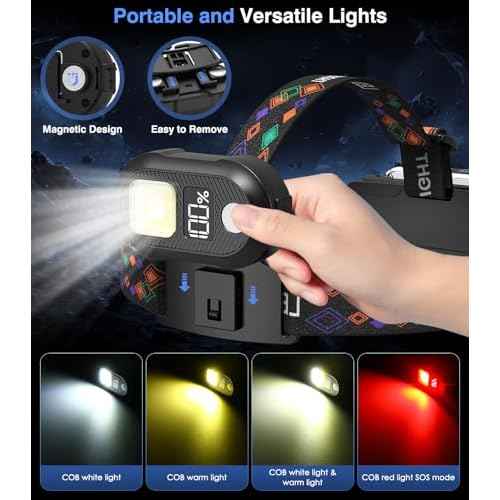 MoKo Rechargeable Headlamp, 3-in-1 2500 High Lumens Head Lamp with 9 LED, 13 Modes IP44 Waterproof LED Headlamp with 3 Color Temps, Running Headlight for Camping, Cycling, Hiking, Fishing, Black