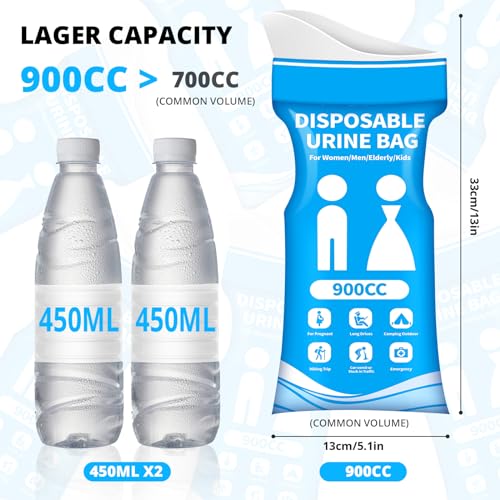 Blue Disposable Urine Bag for Travel 900ML - 20 Pack Portable Pee Bags for Men Women Kids