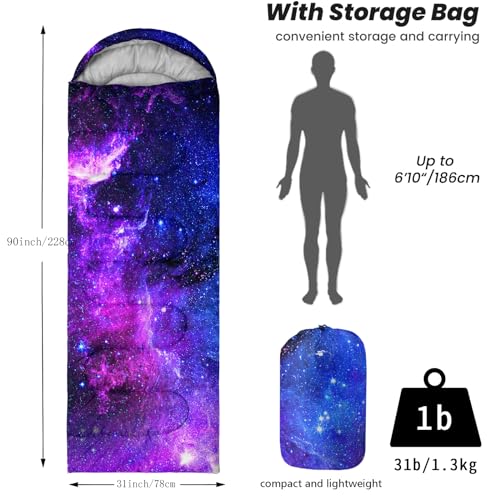 Lightweight Waterproof 3-Season Sleeping Bag for Adults Kids - Purple Starry Sky