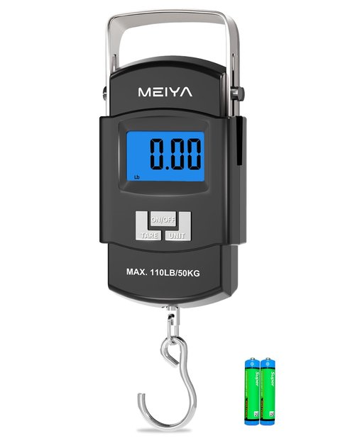 MEIYA Fish Scale 110lb/50kg Digital Fishing Scale with Backlit LCD, Portable Handle, Stainless Steel Hook & 2 AAA Batteries – Reliable Fishing Gear & Great Fishing Gifts for Men