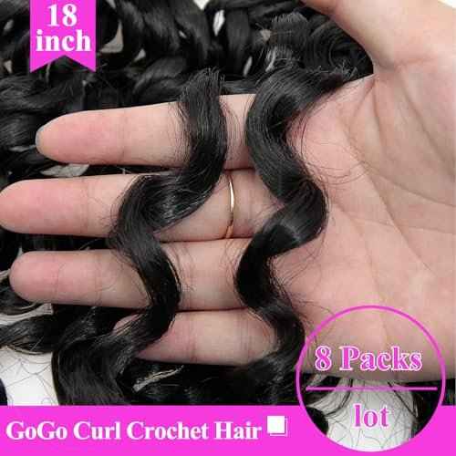 18 Inch Pre Looped Crochet Hair for Black Women - Gogo Curl/Beach Curl/Ocean/Water/Deep Wave Crochet Hair 8 Packs, Synthetic Hair Tangle-Free Natural Look Curly Hair Extensions (1B)