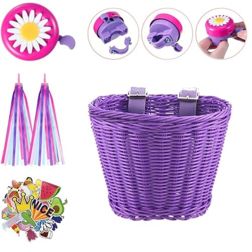 Kid Bicycle Basket Small Wicker Basket Bike Streamers for Girls with 2 Pieces Bell and 30 Pieces Stickers, Bicycle Decoration Accessories for Boys and Girls