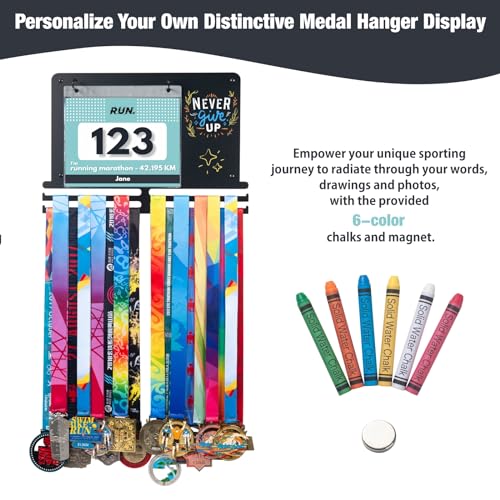 Medal & Bib Display Rack with DIY Chalkboard - Holds 40 Medals & 80 Bibs