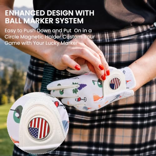 Left Hand Women's Golf Glove with Ball Marker - Wine & Golf Pattern, Medium
