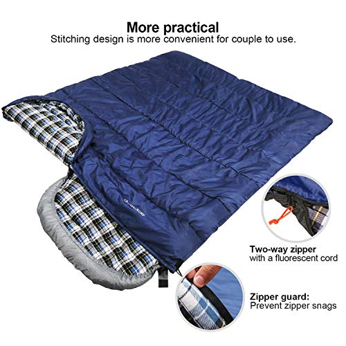 Redcamp Flannel Sleeping Bag for Adults with Detachable Hood, Blue, 3lbs Filling