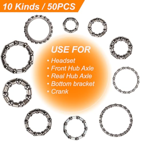 Bicycle Ball Bearing Kit 50 Pieces for Headset, Hub, Crankset - Steel, 4-8mm