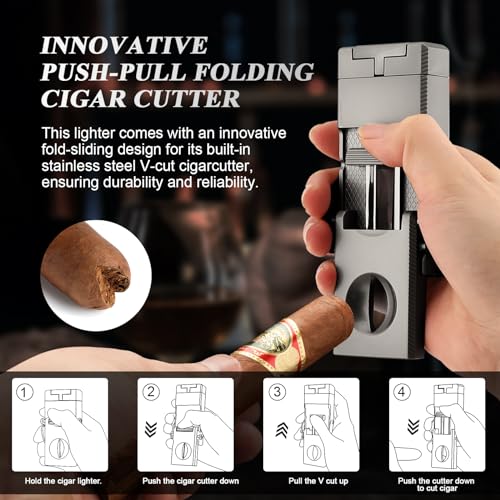 Gray Multifunctional Cigar Lighter with Built-in Cutter & Accessories - All-in-1 Torch