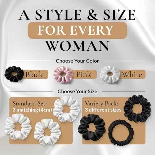 100% Pure 22 Momme Mulberry Silk Scrunchies (Set of 3) | Highest grade (6A) Luxury Hair Ties| (Black,White,Pink) | (Pink, Standard)