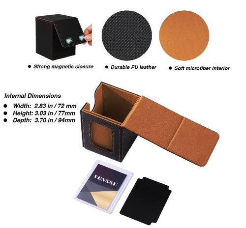 Venssu MTG Deck Box for Commander Display,Card Deck Box Fits 100 Double Sleeved Cards, TCG Card Storage with 2 Dividers and 1 Toploader (Black＆Brown)