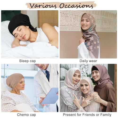 XEPST 2 PCS Hijab Undercap for Women, Satin Undercap for Hijab Islamic Muslim Under Hijabcap Modal Head Wraps Tie Back Bonnet Inner Head Scarf Turbans for Women Chemo Hat Sleep Cap, Black+Khaki