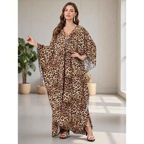 Women's Plus Size Animal Print V-Neck Batwing Kaftan Beach Dress Bathing Suit Cover-Up Loungewear