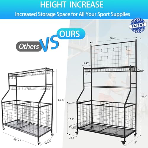 Black Sports Equipment Organizer with Ball Rack & Hooks - Garage Storage Cart