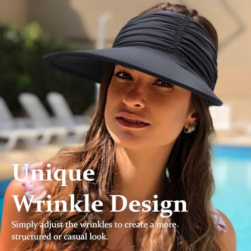 Women Visor Sun Hat - Black, Foldable Wide Brim UPF 50+ UV Protection