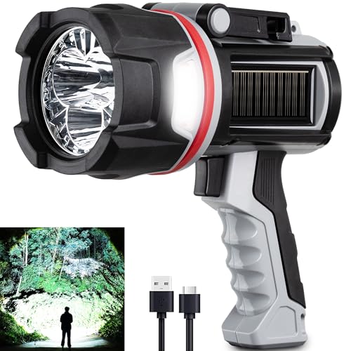Rechargeable LED Spotlight Flashlight Black - Super Bright 3 LED 3000000 Lumens, Long Battery Life, Waterproof, Solar Rechargeable, Handheld Hunting Camping Light