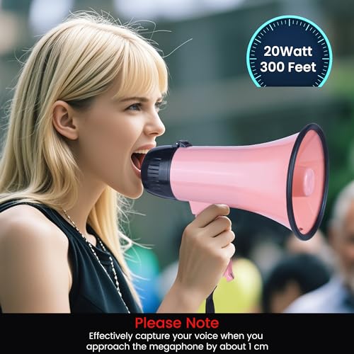 Pink 20W Megaphone Bullhorn with Siren & 240s Recording - Portable Outdoor & Indoor Amplifier