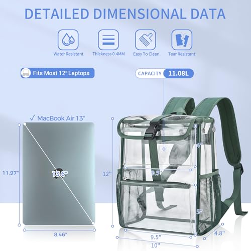 Mildbeer Clear Stadium Backpack for Sports Events & Concerts - 12x12x6 Compact PVC Flap Backpack with Multi-Pocket Design, Green