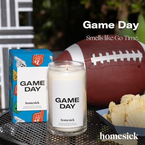 Homesick Scented Candles for Home (Game Day) - 13.75 oz Long-Lasting Soy Wax Blend Jar Candle Gifts for Women & Men, 60-80 Hours Burn Time - Notes of White Amber, Tonka Bean & Smoked Birch