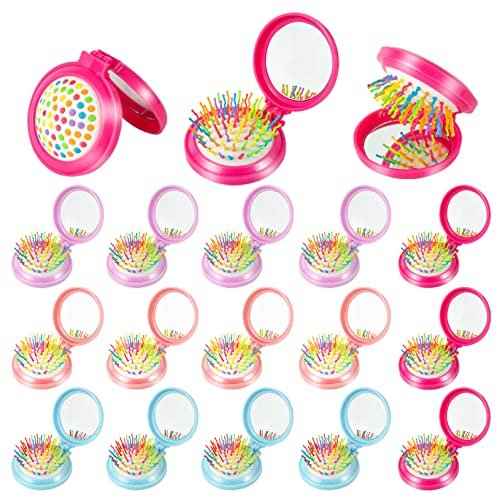18 Pcs Folding Travel Mirror Hair Brushes Round Folding Pocket Hair Brush Mini Portable Compact Hair Brush with Mirror for Women Girls