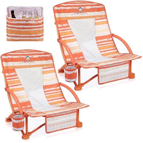 Heavy Duty Folding Beach Chairs 2 Pack with Cooler Bag - Orange Strip Low Back