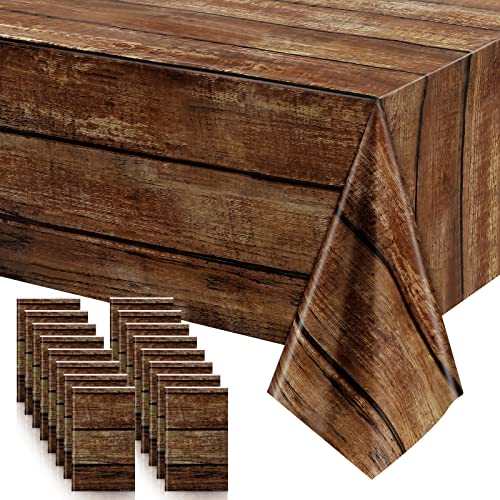 16 Pcs Brown Wood Grain Plastic Tablecloth - 54 x 108 Inches, Rectangular