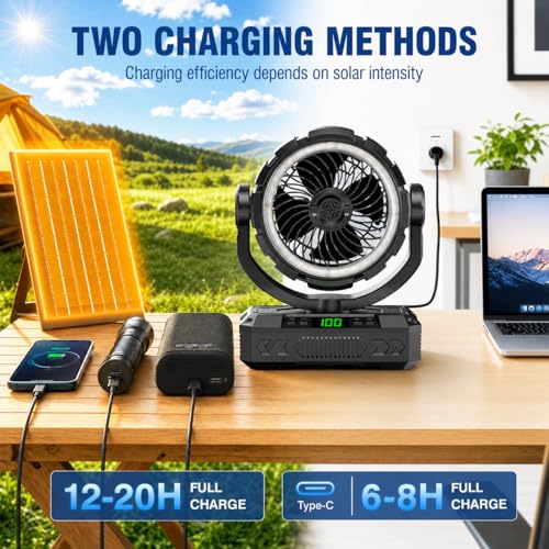 Ausic Rechargeable Solar Camping Fan & Oscillating Portable Fan with Lights - Black