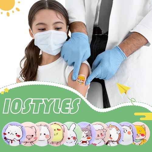 120 Pcs Kids Bandages, 10 Styles Cute Cartoon Adhesive Bandages Breathable Round Colorful Vaccination Bandage Adhesive Dot Kids Bandage for Minor Cuts, Scrapes, Wounds, 0,9 Inch