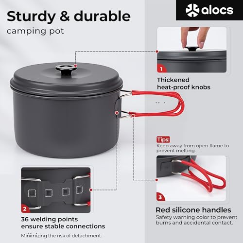 Camping Cookware Set 2.2L + 1.2L + 1L Pots and 19.1cm Non-Stick Pan - Lightweight & Portable