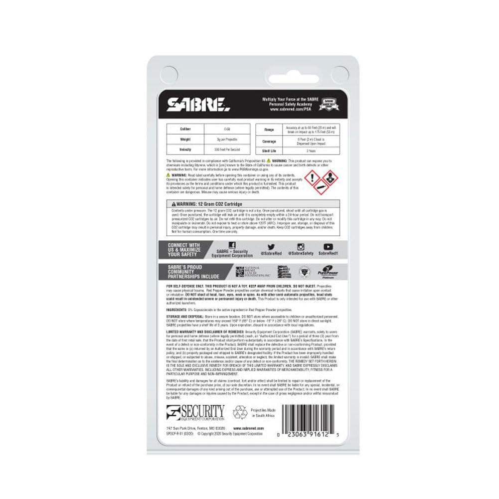 SABRE Home Defense Pepper Projectile Launcher Refill Kit 14 Red Pepper Powder Projectiles and 2 CO2 Cartridges