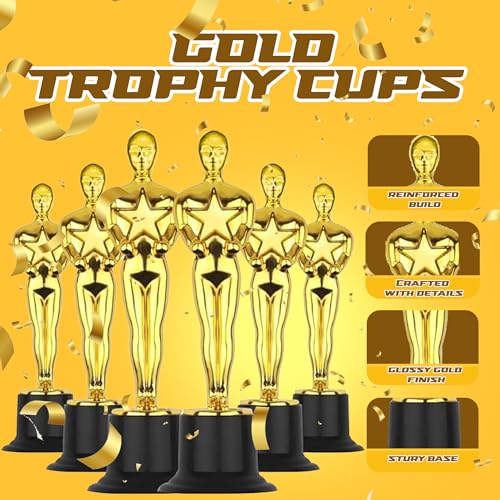 Bedwina Gold Trophy Award Mini Trophies Bulk - (Pack of 12) 6 Inch Tall Plastic Golden Statue Award, Party Themed Decorations, Winners or Appreciation Gifts Game Prizes for Adults & Kids