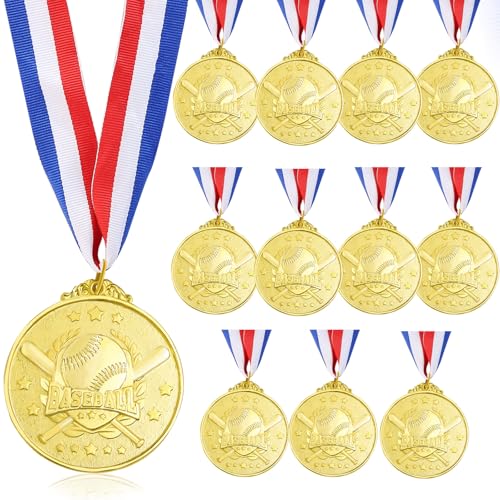 12 Pcs Golden Baseball Medals 2 Inch with Ribbon for Sports Awards Kids