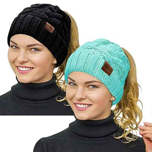 Rosoz Ponytail Beanie for Women,Winter Warm Beanie Tail Soft Stretch Cable Knit Messy High Bun Hat