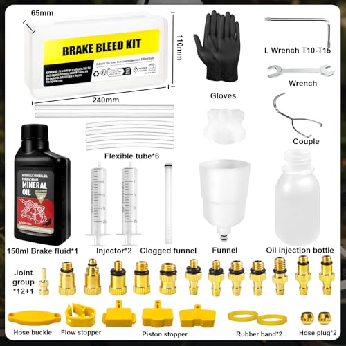 Bike Brake Bleed Kit with Mineral Oil, Brass Connectors, 150ml Fluid, Includes Variation